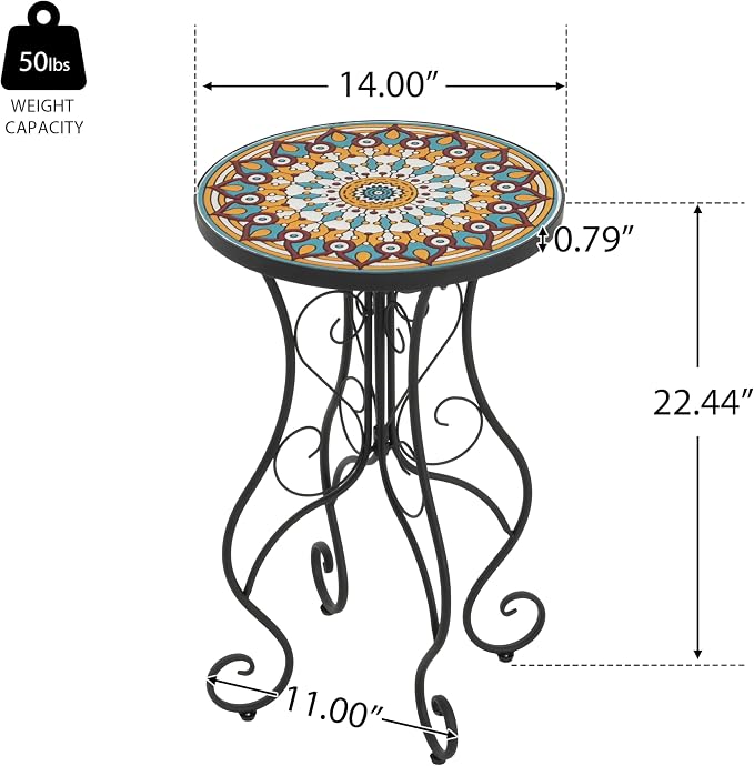 Outdoor Metal Side Table with Ceramic Tile Top Mosaic Patio Side Table and Plant Stand Tables, Round Side End Tables for Yard Porch Balcony Garden Bedside, Daisy Yellow