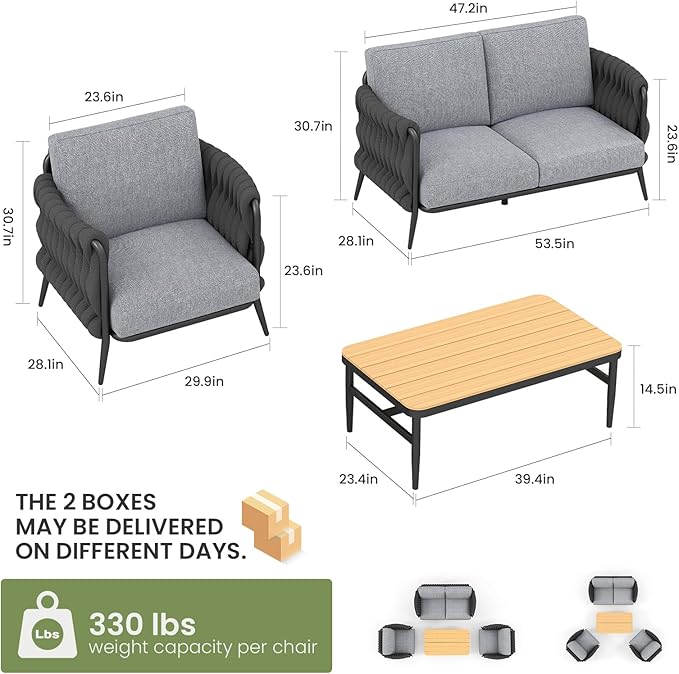 Patio Furniture Set, 4-Seat Outdoor Sofa Furniture Deep Seating with Coffee Table, Metal Patio Conversation Sets with Waterproof & Extra-Thick Cushions for Garden, Poolside, Backyard