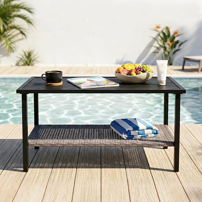 COOS BAY Sunset Haven Outdoor Patio Coffee Table, Rectangle Outdoor Coffee Table with Double-Tier Storage, Wicker Patio End Table, 35.4"x18.1"x18.5", Brown
