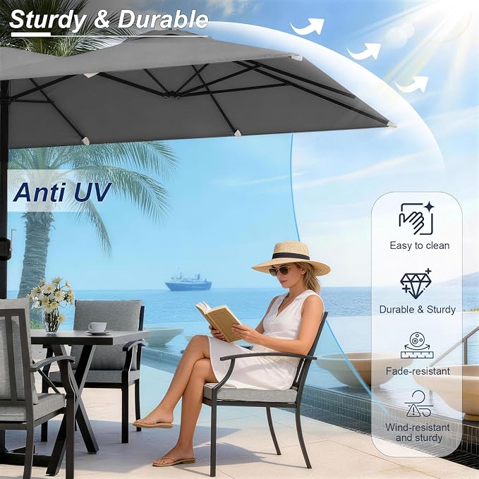 10 Pieces Patio Dining Set,Metal Outdoor Furniture Set Includes 13.6FT Grey Umbrella,Hole Cut-Out 78.7" x 35.4" Table and 8 Metal Backrest Chairs for Backyard,Garden,Grey
