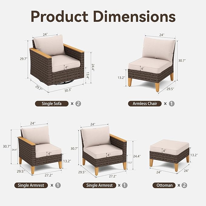 GREEN PARTY 7 Pieces Wicker Patio Furniture Set, All-Weather Outdoor Rattan Patio Sectional Sofa Conversation Set 7 Seats with 4" Thick Cushions for Garden, Backyard, 2 x Swivel Chairs