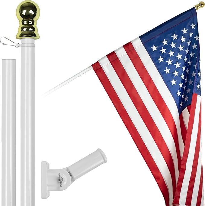 G128-6 Feet Spinning Flagpole (White/Silver) American Flag Pole Sleeve Embroidered 3x5 ft American Flag Pole Sleeve (Flag Included) Aluminum Flag Pole | Flag with NO Grommets