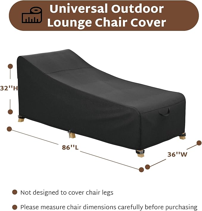 iBirdie Outdoor Lounge Chaise Chair Cover 86L x 36W x 32H inch Waterproof Patio Furniture Covers Lawn Pool Chair Cover 1 Pack Black