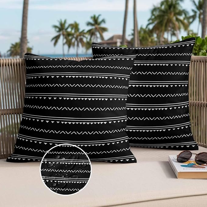 Black Boho Outdoor Waterproof Throw Pillow Covers Set of 2, 26"x26", Geometric Stripes Triangle Decorative Pillow Covers Outside Cushion Case for Patio Porch Garden