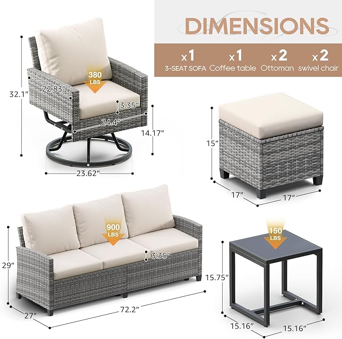 6 Piece Outdoor Furniture Set, Rattan Patio Furniture with 2 Swivel Chairs, 3-Seat Sofa, 2 Ottoman & Side Table, All-Weather Conversation Set for Porch Garden Lawn Balcony (Gray & Beige)