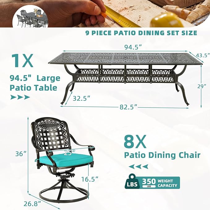 MEETWARM 9-Piece Outdoor Patio Dining Set, All Weather Cast Aluminum Patio Funiture Table and Chairs Set- 94.5” Rectangular Table and 8 Cushioned Swivel Rocker Chairs, Umbrella Hole, Ocean Blue