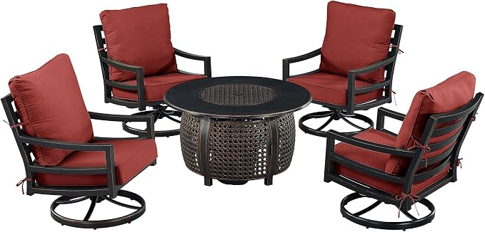 Oakland Living Black Aluminum Patio Fire Table Set with Four Club Chairs and Red Cushions