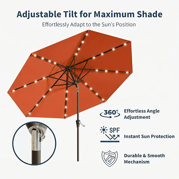 9FT Solar Umbrella 32 LED Lighted Patio Umbrella Table Market Umbrella w/Tilt and Crank, UV-Resistant Outdoor Umbrella for Pool, Garden, Deck, Terracotta