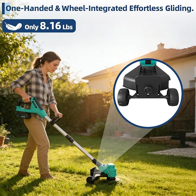Garvee 20V String Trimmer with Wheel Cordless 12 Inch 8 Pcs Line Feed / 550 CFM Leaf Blower, Lightweight Design. 4 * 2.0 Batteries. Extra-Long Battery Life of 60-120 Minutes, 2 Fast Charger
