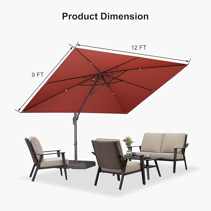 PURPLE LEAF 9' X 11.5' Rectangle Cantilever Umbrella Patio Umbrella Antique Bronze Outdoor Aluminum Offset Hanging Umbrella with 360-degree Rotation for Pool Garden Backyard Deck, Brick Red