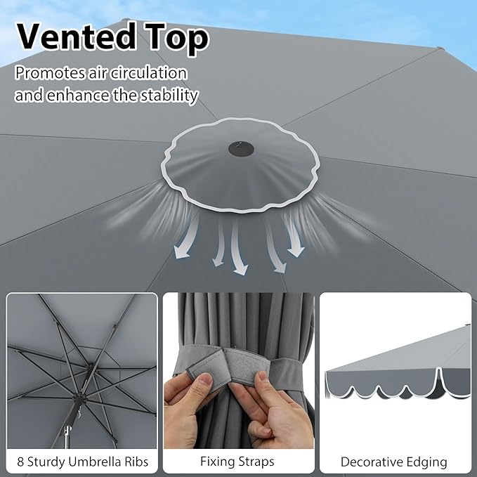 HAPPYGRILL 10 FT Patio Umbrella, Market Table Umbrella w/Crank, Push Button Tilt, Ruffled Edges, Vented Top & 8 Ribs, Outdoor Sun Shade for Poolside Backyard Beach