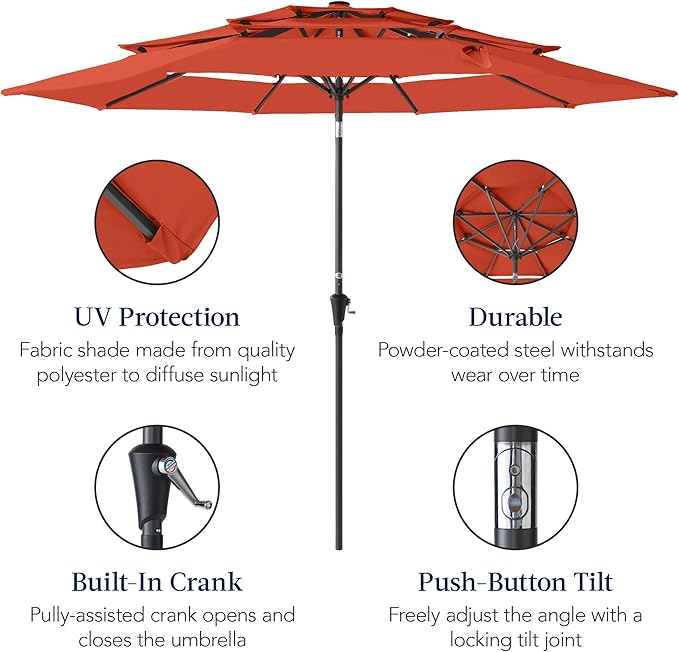 Best Choice Products 10ft 3-Tier Market Patio Umbrella, Outdoor Sun Shade with Tilt, Crank Lift, 8 Ribs for Backyard, Deck, Poolside