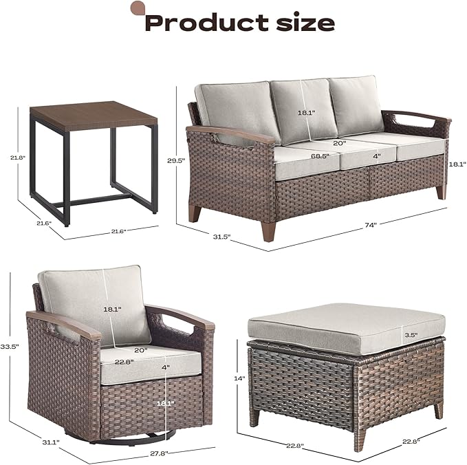 Rilyson Wicker Outdoor Patio Furniture Set - 6 Piece Patio Conversation Sets with Swivel Rocker Chairs, Sofa, Ottomans and Side Table, Thick Cushions, Waterproof Wicker, for Porch Deck Brown/Beige
