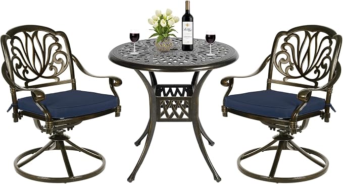 MEETWARM 3-Piece Outdoor Patio Dining Set, All-Weather Cast Aluminum Patio Conversation Set for Backyard Garden Deck with 2 Cushions Swivel Rocker Chairs and 31" Round Table, Umbrella Hole, Navy Blue