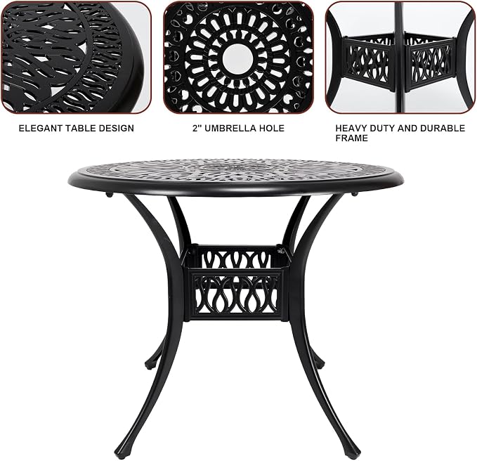 5 Piece Cast Aluminum Patio Dining Set, All Weather Outdoor Dining Furniture Set Includes 4 Chairs and 1 Round Table with Umbrella Hole for Garden,Deck, Balcony,Backyard, Black