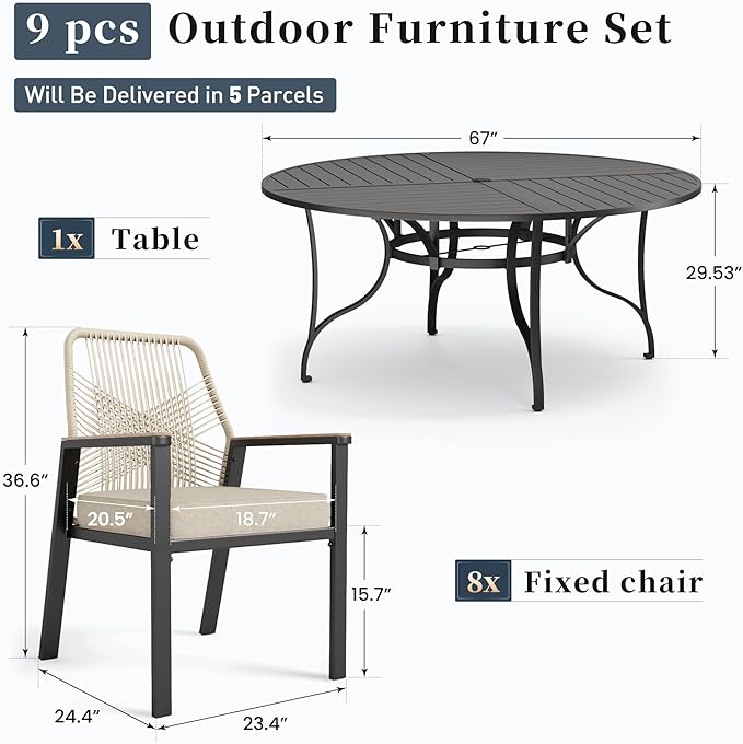 Patio Dining Set 9 Piece, 8 x Woven Rattan Chairs with Waterproof Cushion, 67" Round Metal Dining Table with Umbrella Hole, Outdoor Table and Chairs Set for Backyard Lawn and Deck, Beige