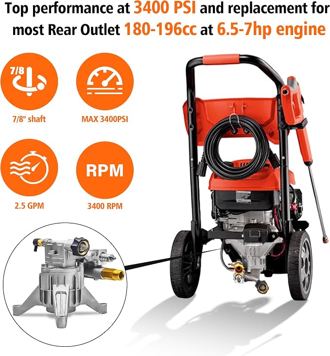 7/8" Shaft Vertical Pressure Washer Pump 2600-3400 psi, Max 3400PSI 2.5GPM Pumps Replacement for Pressure Power Washer, Compatible with Honda, GCV160, Homelite, Troybilt, Simpson, Briggs&Stratton