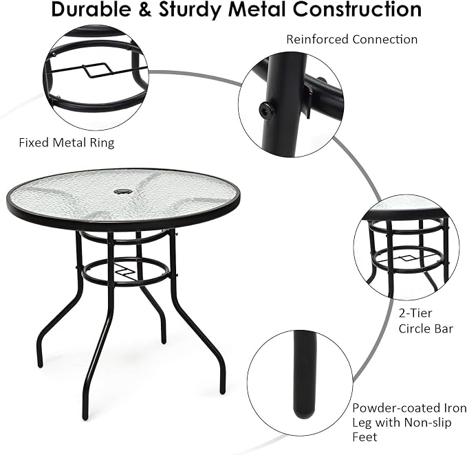 S AFSTAR Patio Bistro Table, Tempered Glass Table with 1.65” Umbrella Hole, Round Outdoor Dining Table, Round Patio Coffee Table for Deck Balcony Lawn Pool Backyard, 28”H x 32” D (Black)