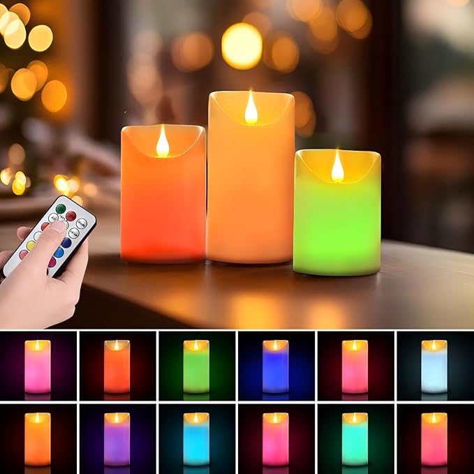 Flameless LED Color Changing Candles, Battery Operated Candle with Remote Control and Timer, Realistic Flame, Dimmable, Pillars for Christmas Party Decoration, D3''xH4''5''6'', 3Pcs
