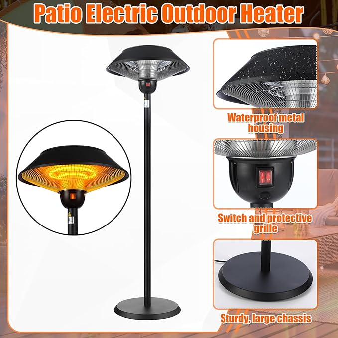 Glooglitter Patio Electric Outdoor Heater Stainless Steel 1500W Standing Infrared Heaters with Dust Cover for Indoor/Outdoor Use, 3 Heat Settings, Fast Heating, Height Adjustable, Tip-Over Protection