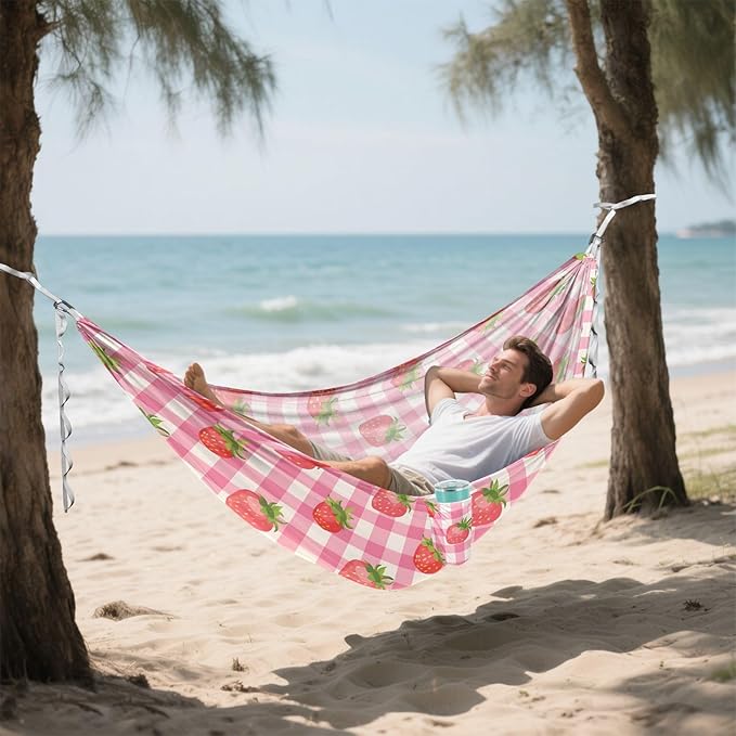 Camping Hammock Outdoor Hammocks for Outside Strawberry Pink Checkered Beach Trees Portable Lightweight with Pockets Tree Straps Indoor