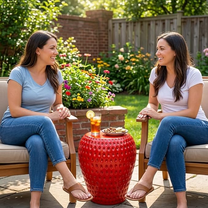 13.4" Strawberry Resin Decorative Stool, Novelty Fruit Side Table & Plant Stand, Whimsical Indoor Outdoor Garden Patio Decor, No Assembly Required (Red Strawberry)