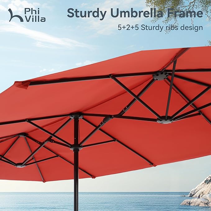 PHI VILLA 13ft Outdoor Market Umbrella Double-Sided Twin Large Patio Umbrella with Crank, Orange Red