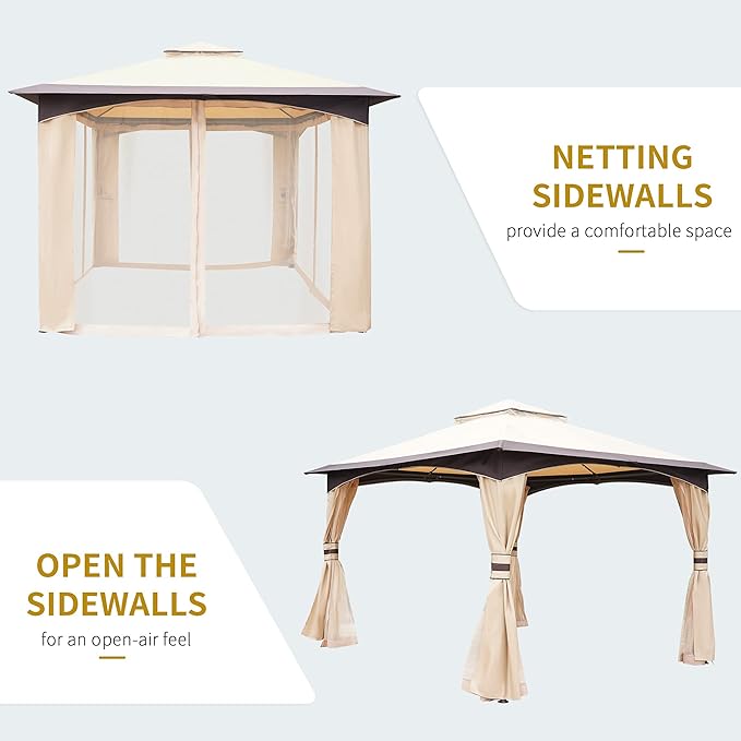 Outsunny 10' x 12' Outdoor Gazebo with Netting, Patio Gazebo Canopy with 2-Tier Soft Top Roof and Steel Frame for Lawn, Garden, Backyard and Deck