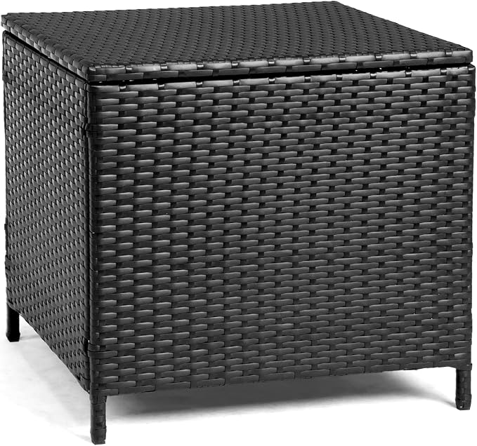 VINGLI Outdoor Side Table with Storage, 27-Gallon Patio Deck Box Outdoor Wicker Side Table for Poolside Balcony Storage Table (Black, Square)
