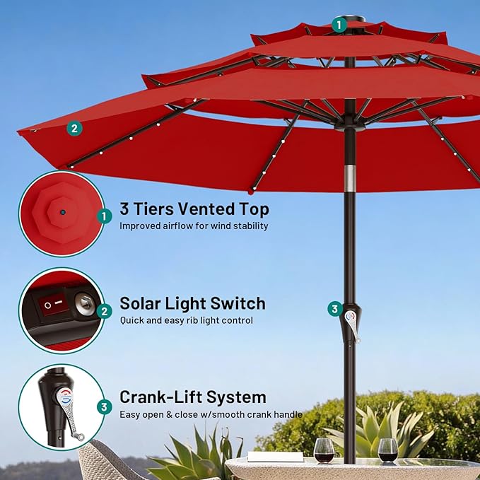 AreShark 9ft 3 Tiers Patio Umbrella with Solar Lights, Outdoor Umbrella w/ 32 LED Lights&8 Sturdy Ribs, Table Umbrella for Deck, Backyard, Pool (Red)