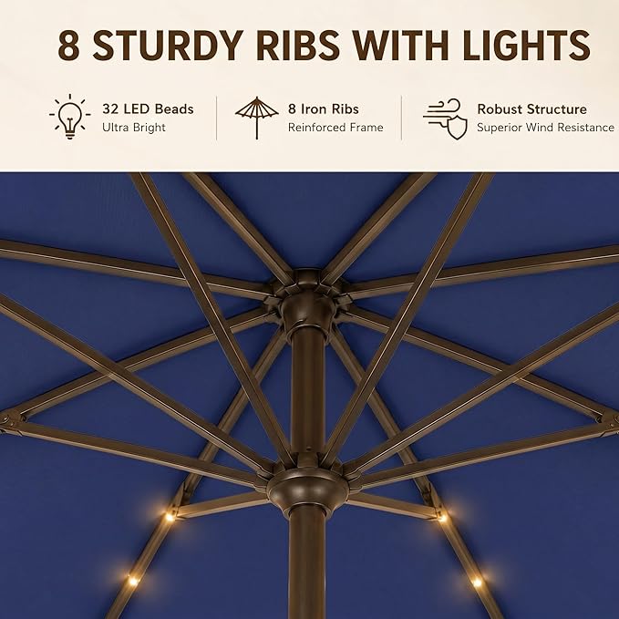11FT Solar Lighted Patio Umbrella, Outdoor Table Market Umbrellas with Crank Lift, 32 LED Lights, 8 Sturdy Ribs, UV-Resistant for Deck, Garden, Pool