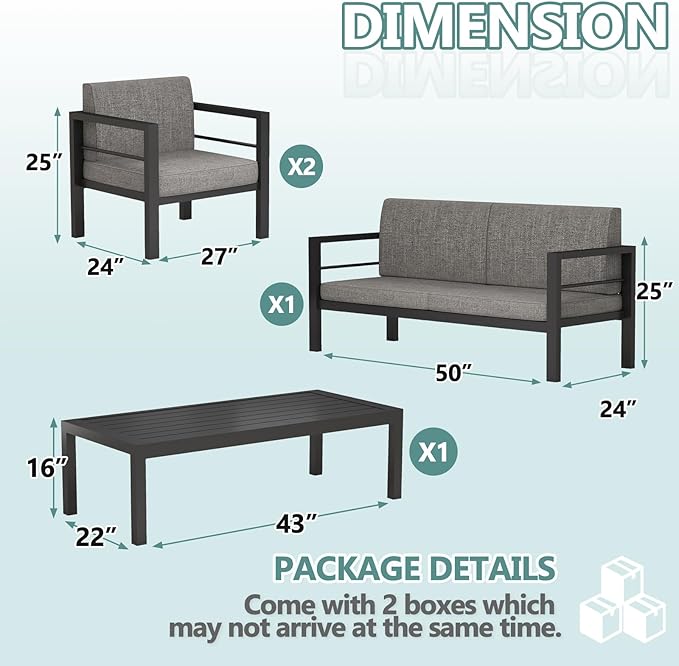 4 Piece Modern Aluminum Patio Furniture Set, Outdoor Metal Seating Sets, Patio Sectional Conversation Set with Soft Cushion and Coffee Table (4 Piece Set)