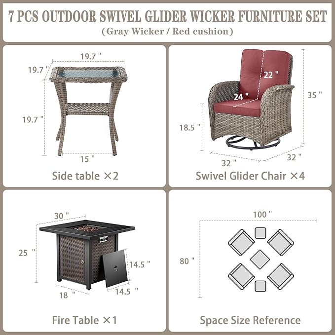 Belord 7 Piece Wicker Patio Furniture Set with 30" Fire Pit Table - Outdoor Swivel Rocker Chairs Set of 4 with Glass Side Tables Set of 2, Patio Conversation Set for Casual Gathering Gray/Red