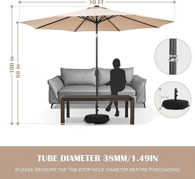 Sundale Outdoor 10 ft Patio Umbrella with Sand Bag Umbrella Base Included, Outdoor Umbrella with Tilt and Crank, Tan