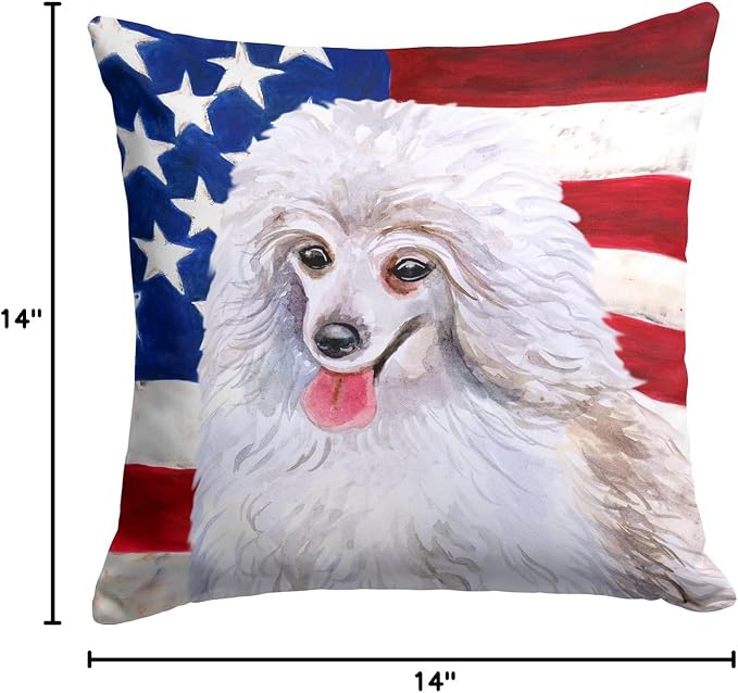 Caroline's Treasures BB9683PW1414 Medium White Poodle Patriotic Fabric Decorative Pillow Machine Washable, Indoor Outdoor Decorative Pillow for Couch, Bed or Patio, 14Hx14W