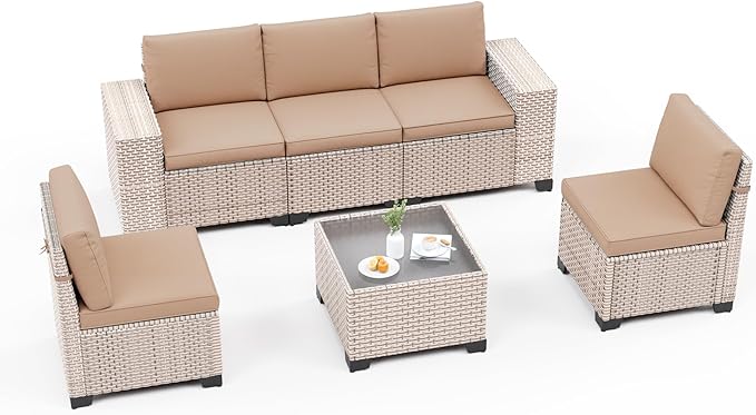 6-Piece Outdoor Patio Furniture Set, Modular Sectional Sofa Set with Glass Coffee Table and Cushions, Wicker Outdoor Couch Conversation Sets, Khaki