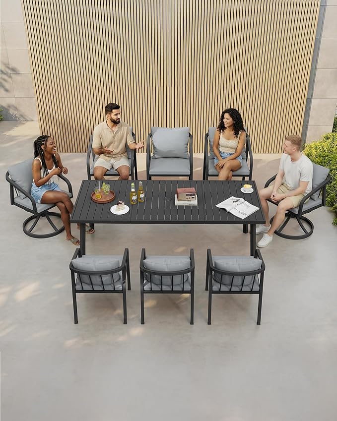 9-Piece Outdoor Dining Set for 8, Never-Rust Aluminum Patio Dining Set with 2 Swivel Chairs, Outdoor Table and Chairs with Removable Cushions, Patio Furniture Set for Deck, Garden, Lawn, Black