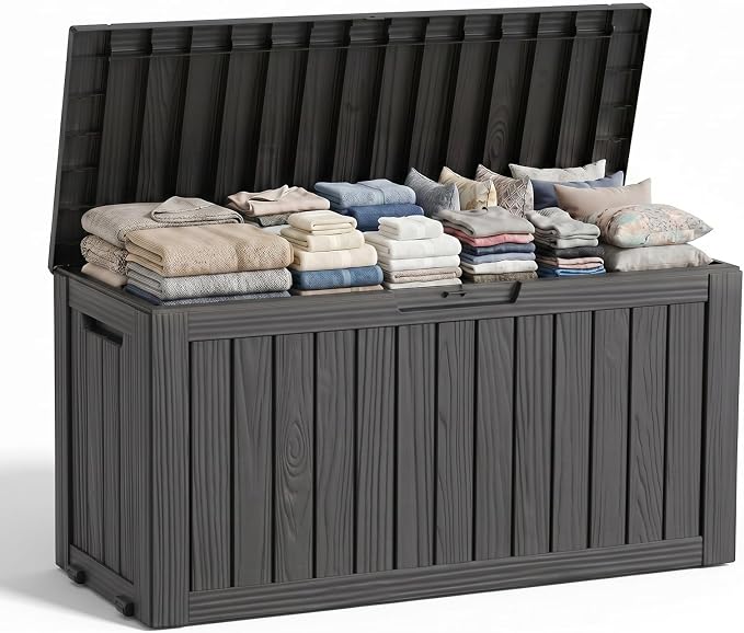 Waterproof Outdoor Storage Box Outside Deck Box Lockable Resin Bench UV Resistant Furniture Cushion Pool Tool Float Bin Patio Garden Porch (Black, 85 Gallon)
