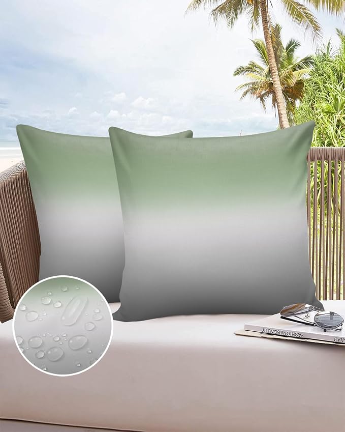 Outdoor Waterproof Throw Pillow Covers Set of 2 Sage Green Pillowcases 18x18 Inches Ombre Green Grey Patio Decorative Pillows Cushion Case Patio Pillows for Couch Bed Chair Garden