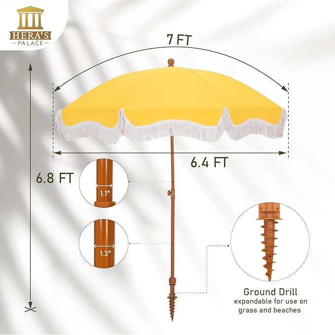 HERA'S PALACE 7ft Heavy Duty Beach Umbrella with Sand Anchor, Fringe Umbrella for Sand, UV 50+, Patio Umbrella with Tilt Pole for Garden Pool Backyard