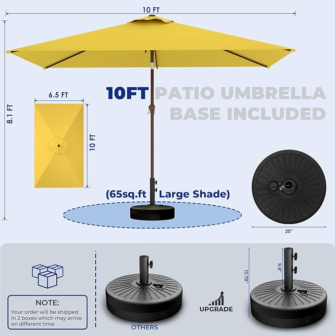 BRIOPAWS 6.5X10 FT Rectangular Patio Umbrella with Base Included | Rectangle Outdoor Umbrellas | 6 Sturdy Steel Ribs | Push Button Tilt & Crank | Heavy Duty for Garden Lawn Deck Backyard Pool |