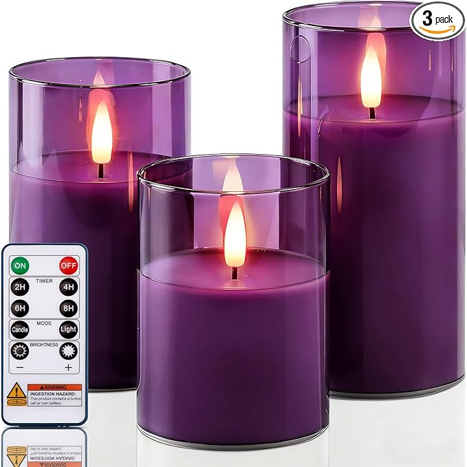 Homemory Purple Glass Flameless Candles, Battery Operated LED Pillar Candles with Remote Control and Timer, Radiance Candles, Real Wax, Set of 3,D3 xH4 5" 6"