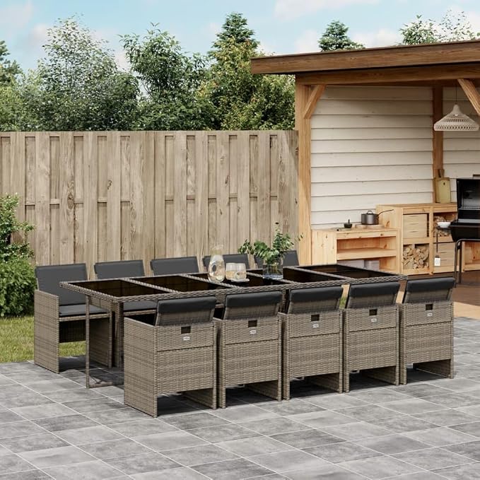 11 Piece Outdoor Patio Dining Set, Poly Rattan Garden Table and 10 Folding Chairs with Cushions, Space-Saving Cube Furniture for Backyard, Gray