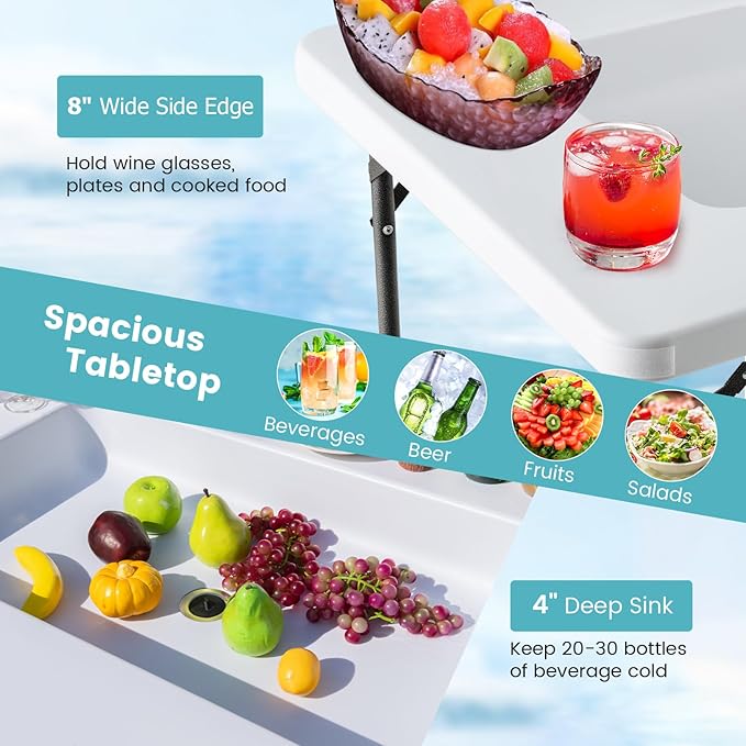 KOTEK Folding Ice Cooler Table with Drain and Skirt, Foldable Beverage Cooler Table Buffet Salad Cooler Server with Edge, Portable Chill Table for Party, Wedding, Picnic, Camping