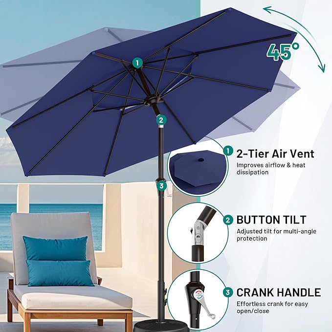 AreShark 9ft 2 Tiers Patio Umbrella - Outdoor Umbrella Waterproof UV Protection, Market Table Umbrella w/Push Button Tilt&Crank for Pool, Porch, Garden(Navy)