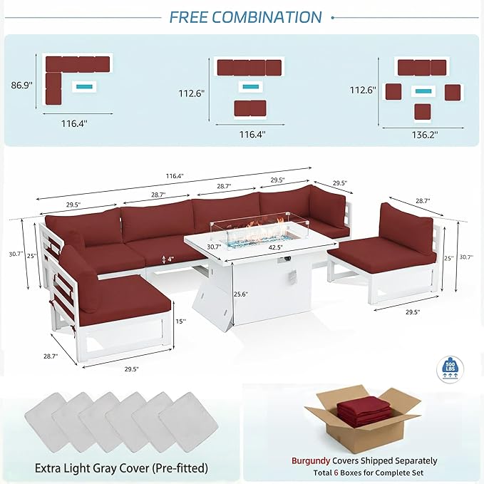 NICESOUL 7 Pcs Modern Aluminum Outdoor Patio Furniture Set with Fire Pit Table Propane/Gas, Extra Large All-Weather Modular Sectional Couch, 29" Wide Deep Seating Conversation Sofa for Outside, Red