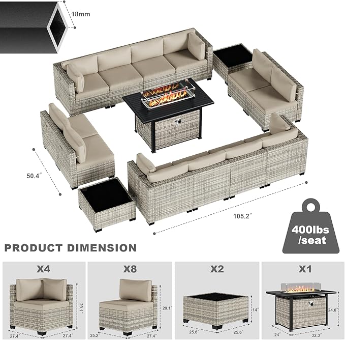 15-Piece Patio Furniture Set, Outdoor Patio Furniture with 55,000 BTU Fire Pit Table, Thick Cushions, Modular Patio Sofa, Dual-Strand Wicker Rattan, Rust-Resistant Frame, Khaki