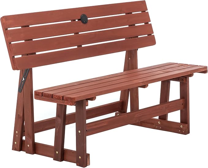 Outdoor Picnic Table 55×29×37"2 in 1 Convertible Wood Bench,UV Protection and Cool Shade Lifetime Camp Stand with Built-In Umbrella Hole,Adjustable Backrest Convert a Patio Dining Set into a Long Seat