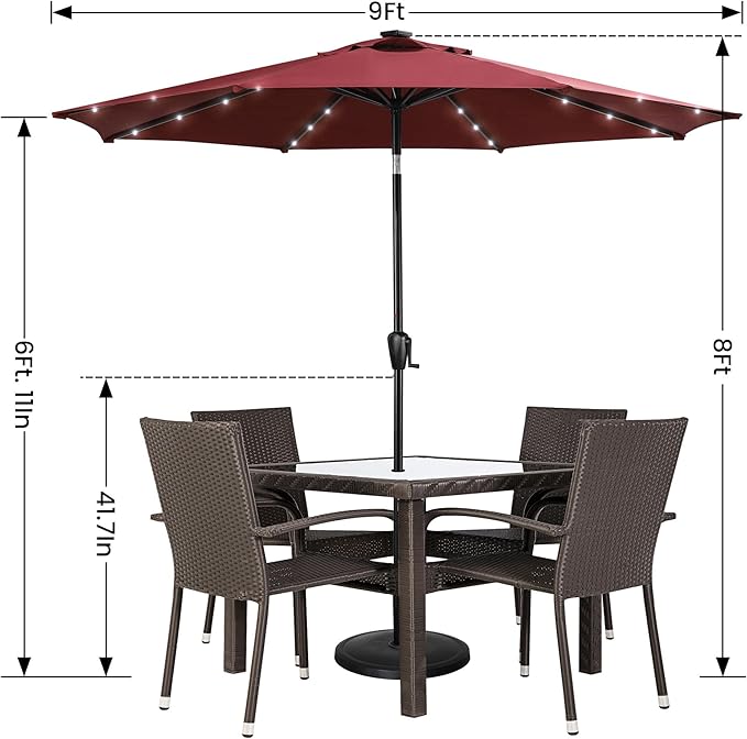 Sun-Ray 9' Round Patio Umbrella with 32 Solar Powered LED Lights, Push-Button Tilt and Hand Crank Lift, Solar Umbrella in Burgundy for Porch, Deck, and Patio