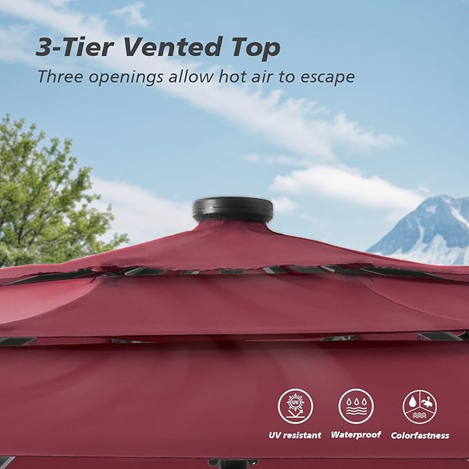 HOMPUS 9FT/10FT/11FT 3 Tiers Solar LED Patio Umbrella for Outside, Outdoor Market Umbrella with Push Button Tilt, 40 LEDs, Sun Shade for for Backyard, Deck, Garden